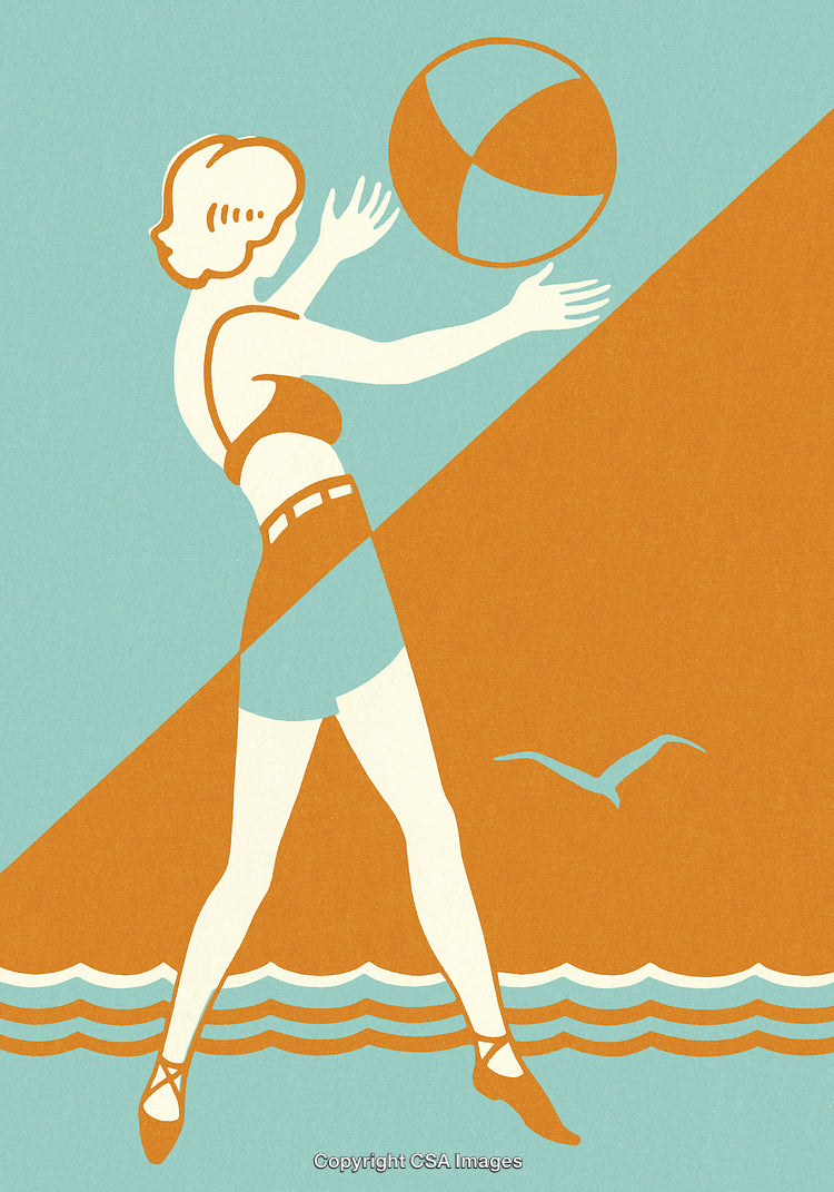Retro Beach Illustration of Woman Playing With a Ball by the Shoreline