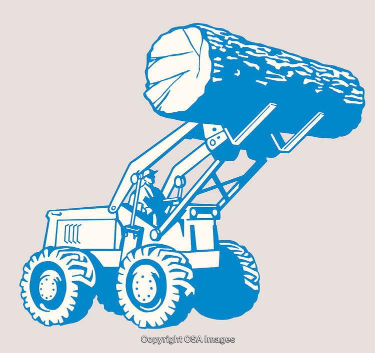 Blue Line Art Illustration of Industrial Logging Equipment with Large Log