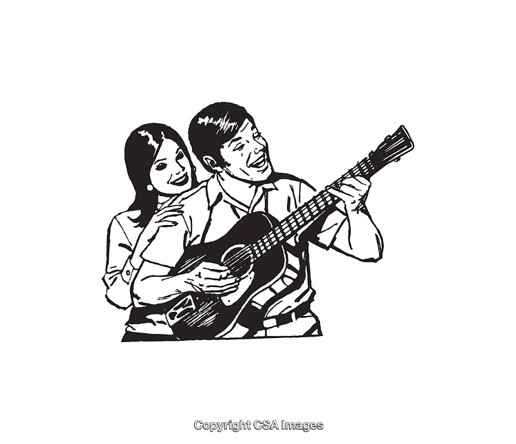 Black and White Line Art of a Couple Playing a Guitar