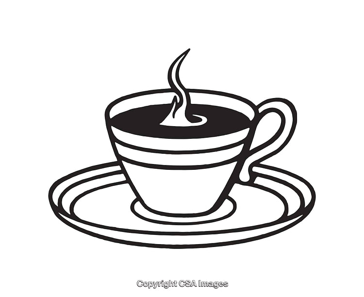 Black and White Line Art of a Steaming Coffee Cup on a Saucer