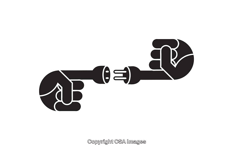 Minimalist Black and White Line Art of Hands Connecting a Plug