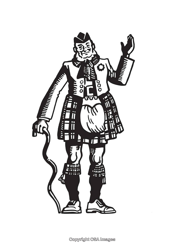 Black and White Illustration of a Scottish Man in Traditional Attire