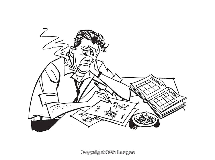 Black and White Illustration of a Man Struggling to Balance His Budget