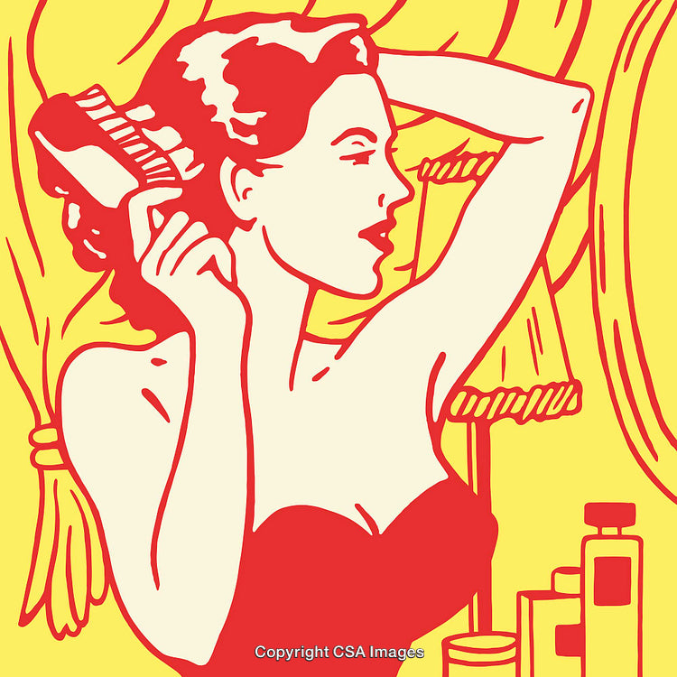 Retro Pop Art Illustration of Woman Styling Hair in Vibrant Colors