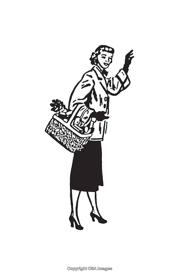 Elegant Vintage Woman Holding Shopping Basket in Black and White Illustration
