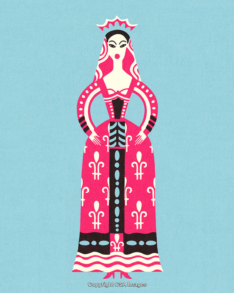 Stylized Illustration of a Female Character in Traditional Decorative Attire