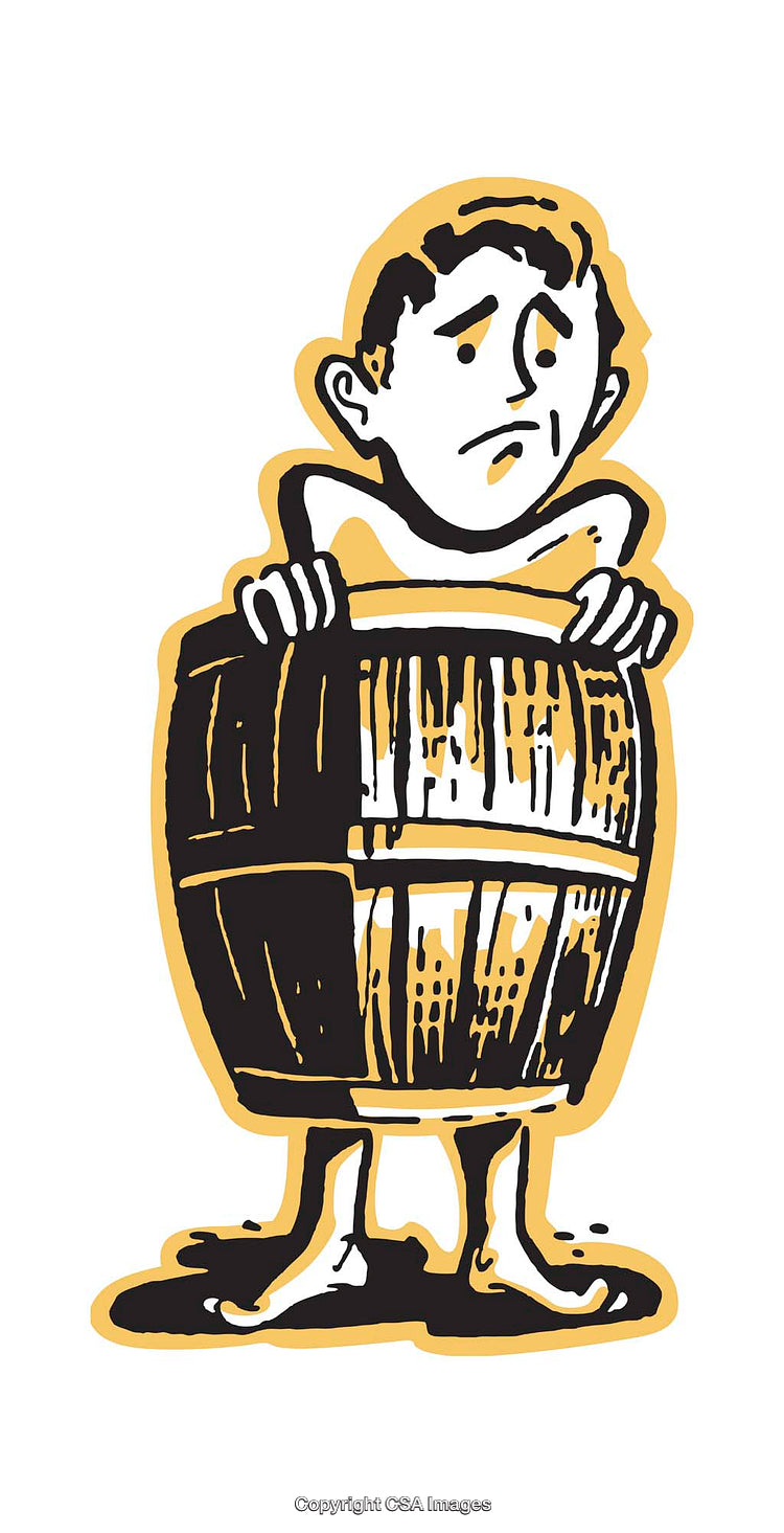 Illustration of a Man Standing in a Wooden Barrel Feeling Concerned