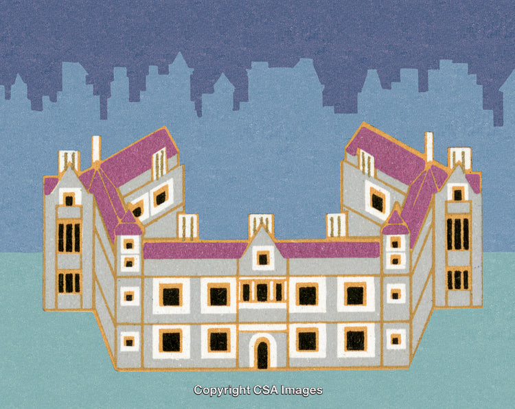 Illustration of a Historic Mansion Against a City Skyline