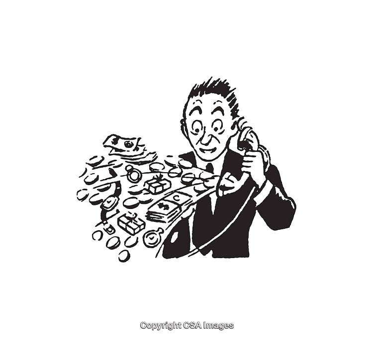 Vintage Illustration of Businessman Investing and Handling Money Transactions