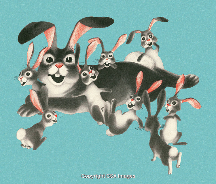 Playful Family of Cartoon Rabbits on Blue Background