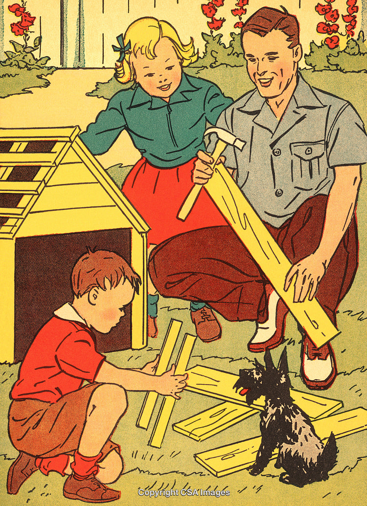 Family Building a Doghouse Together in a Colorful Vintage Illustration