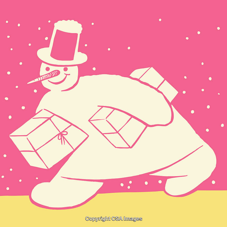Snowman Carrying Gifts in Colorful Vector Artwork of Holiday Cheer