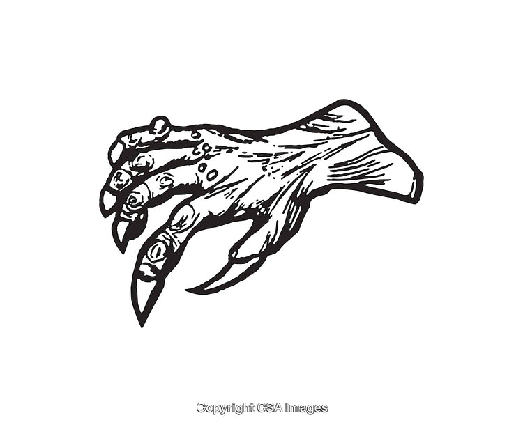 Black and White Line Art of Gruesome Hand with Long Claws