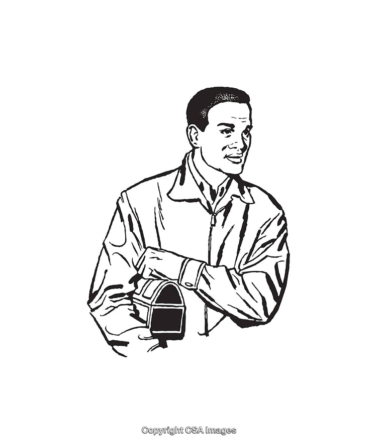 Black and White Line Art of a Person Holding a Lunchbox