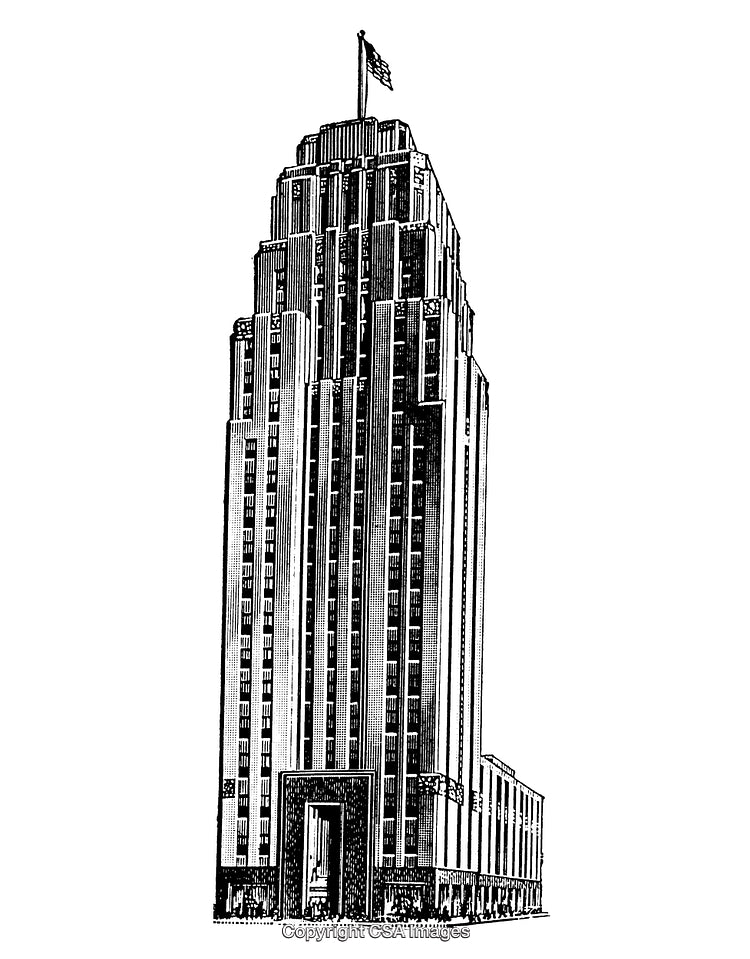 Detailed Black and White Engraving of a Tall Architectural Building