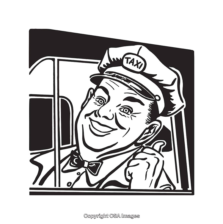 Retro Black And White Taxi Driver Illustration in Classic Line Art Style