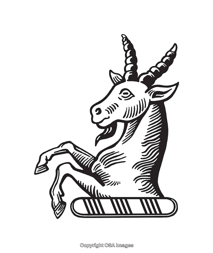 Black and White Line Art Illustration of a Stylized Goat Emblem