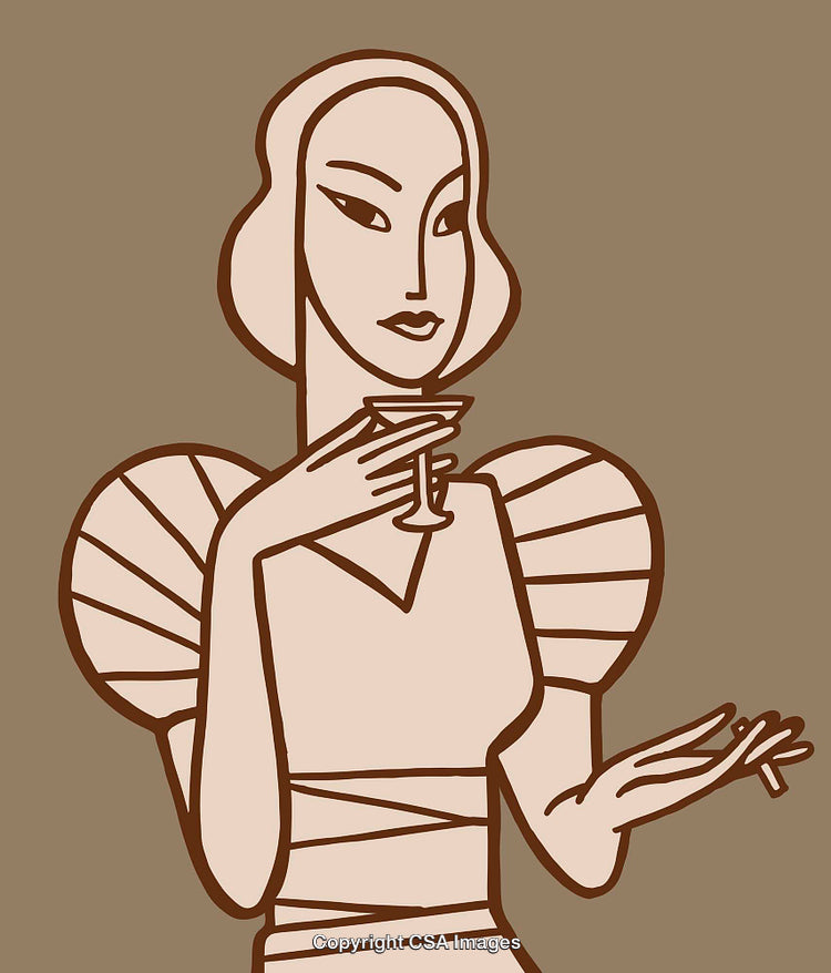 Stylized Female Portrait with Drink and Cigarette Illustration in Line Art