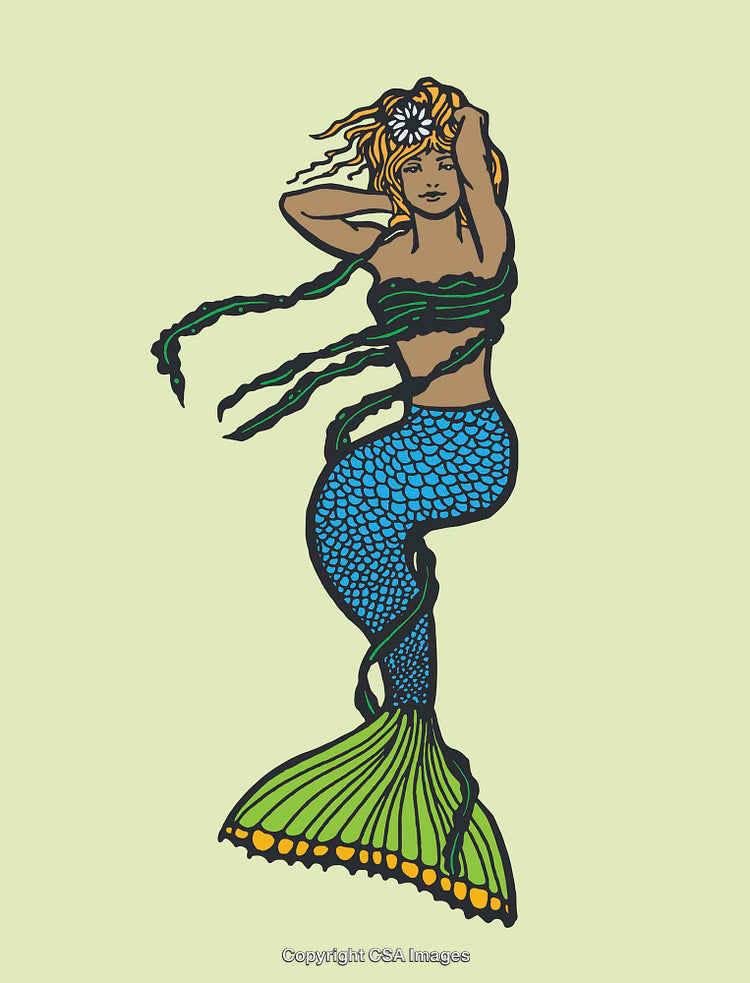 Vibrant Mermaid Illustration With Blue Scales and Flowing Green and Blue Details