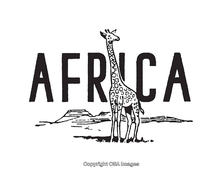 Black and White Illustration of a Giraffe With Africa Text