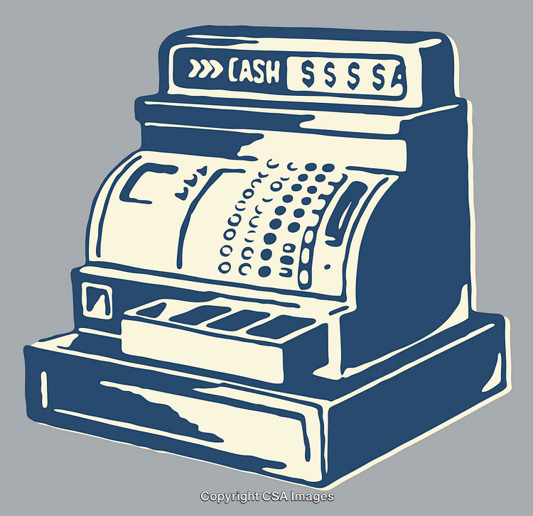 Vintage Cash Register Line Art Illustration on a Grey Background