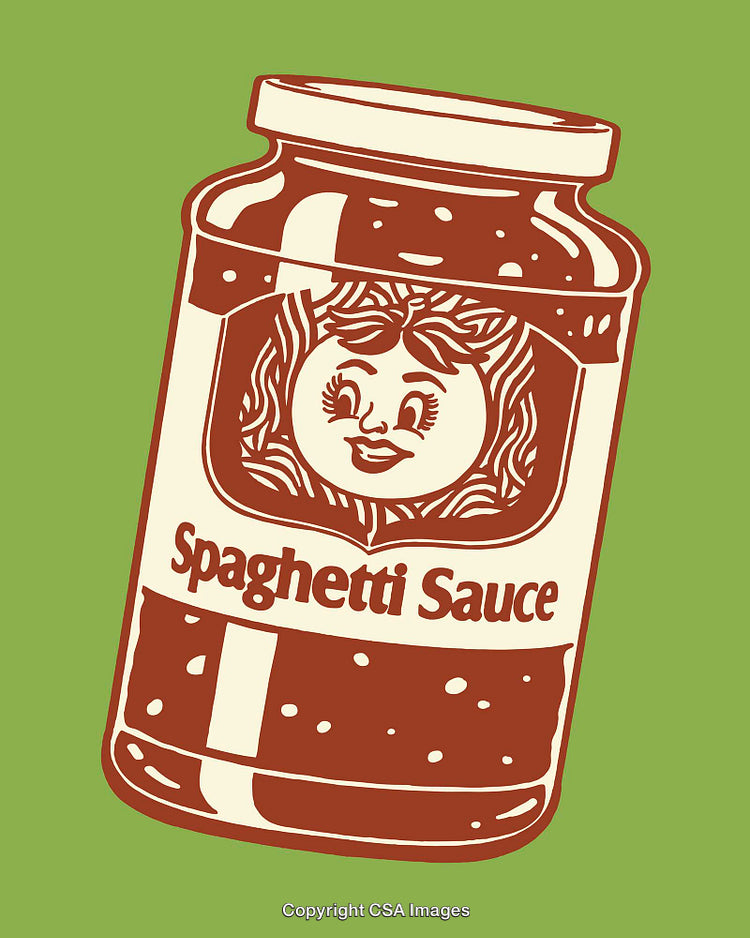 Vintage Illustrated Jar of Spaghetti Sauce on a Green Background