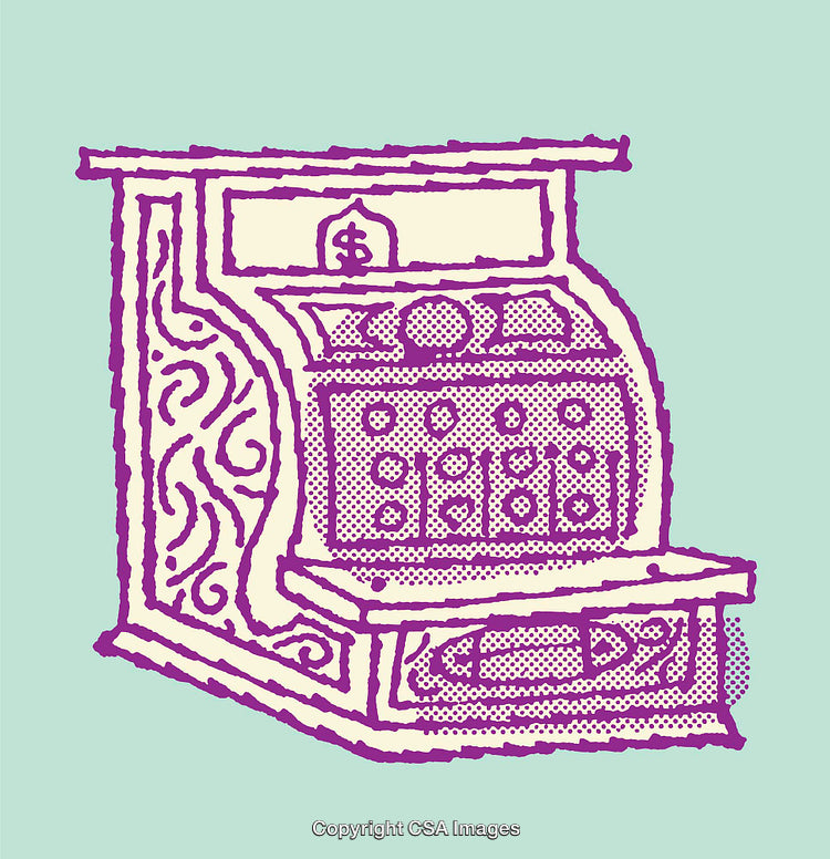 Purple Line Art Illustration of a Vintage Cash Register on Teal Background