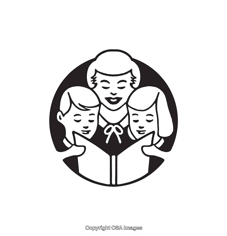 Black And White Illustration of Mother Reading With Two Children