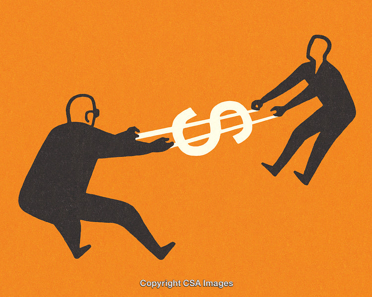 Two Figures Competing Over Dollar Symbol on Orange Background