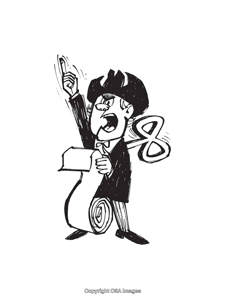 Black And White Illustration of an Enthusiastic Speaker with Paper Scroll