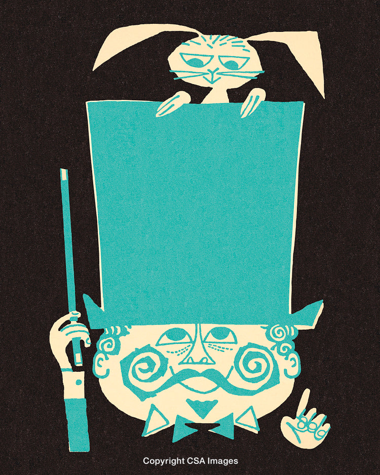 Whimsical Magician Performing Rabbit from Hat Trick in Retro Style Artwork