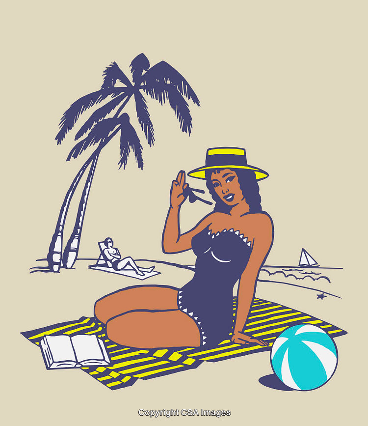 Retro Illustration of a Woman at the Beach with Tropical Palm Trees