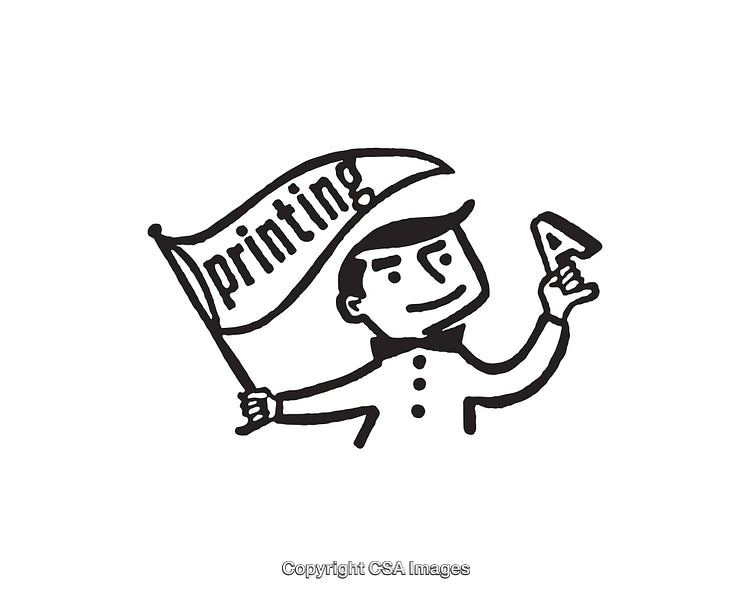 Black and White Line Art Illustration of a Person Holding Printing Tools