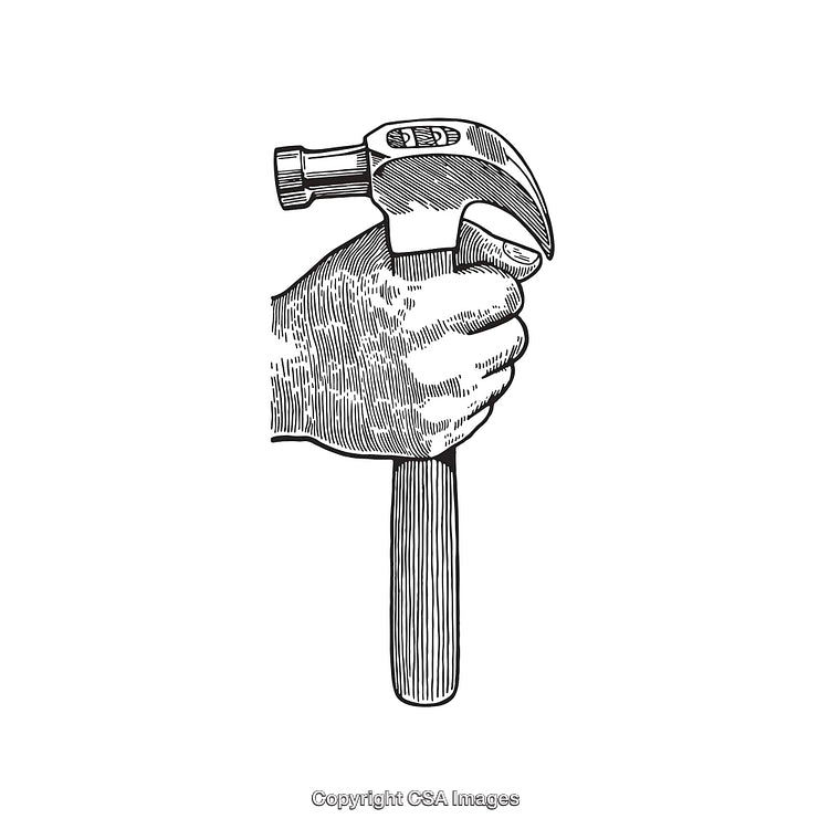 Black and White Line Art of a Hand Holding a Hammer