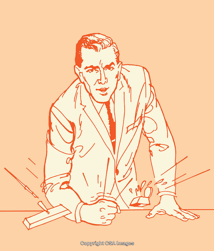Illustrated Retro Businessman Gesturing in a Vibrant Line Art Style