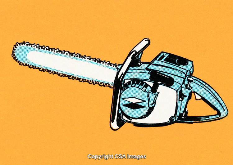 Illustrated Chainsaw Against Vibrant Orange Background in Pop Art Style