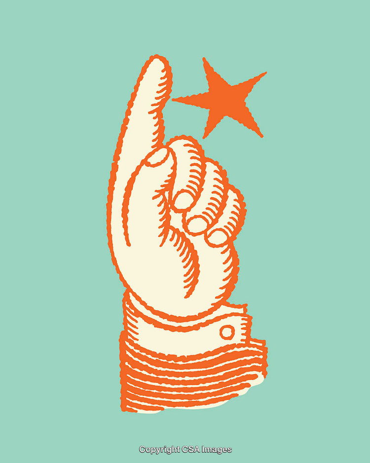 Vintage-Style Hand Illustration Pointing Toward a Star on a Colorful Background