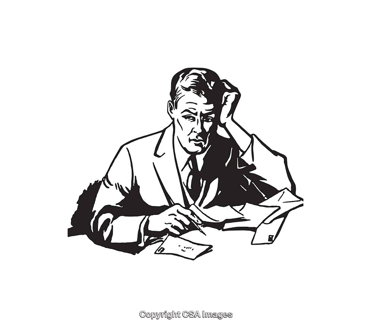 Vintage Illustration of a Man at a Desk in Black and White