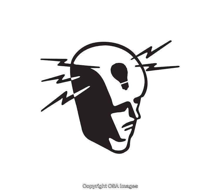 Black and White Minimalist Icon of a Thoughtful Face with Lightning