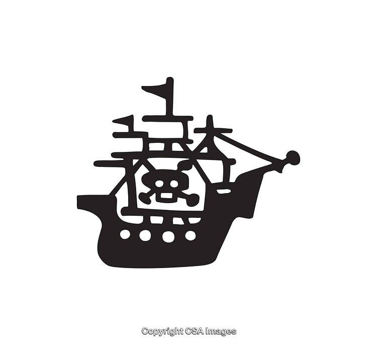 Black and White Pirate Ship Illustration Featuring Skull and Crossbones