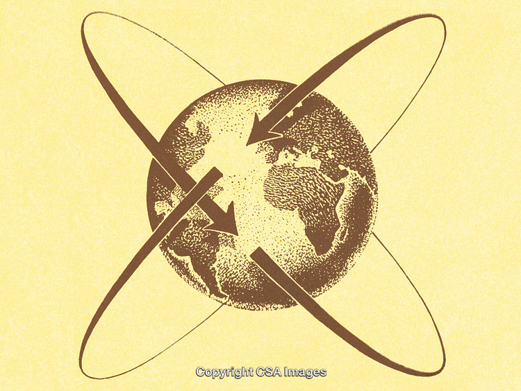Illustration of the Earth with Arrows and Encircling Paths on Yellow Background