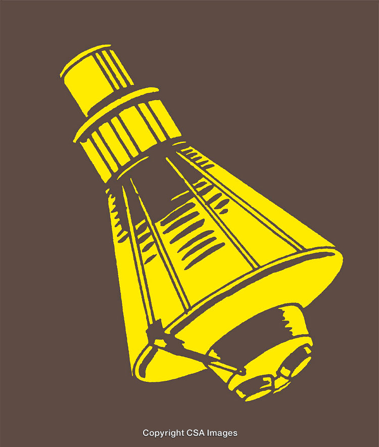 Yellow Line Art Illustration of a Vintage Space Capsule on Brown Background