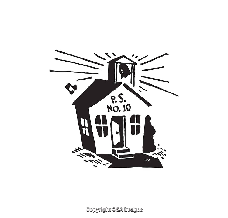 Black and White Line Art of a School Building With a Bell Tower