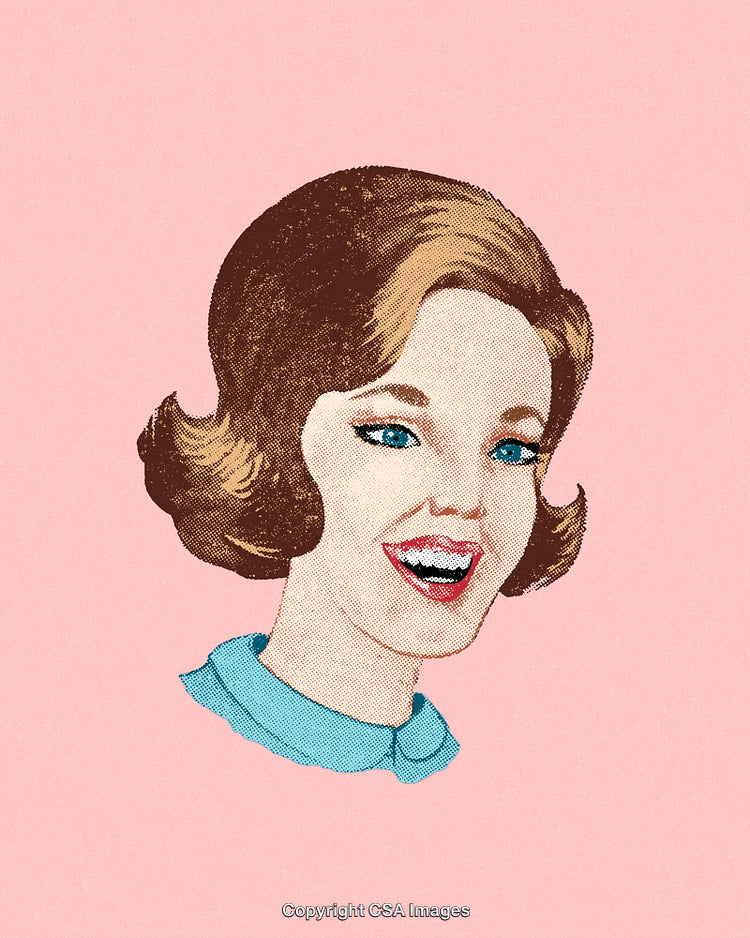 Vintage Illustration of a Smiling Woman on a Pastel Background