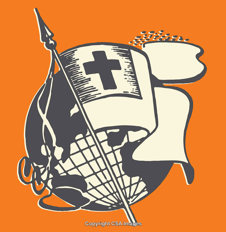 Christian Globe Illustration with Cross Flag on Orange Background