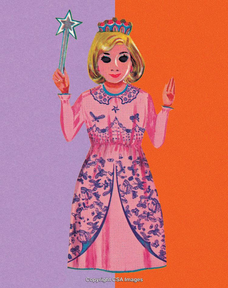 Colorful Illustration of a Fairytale Princess with Wand and Decorative Dress