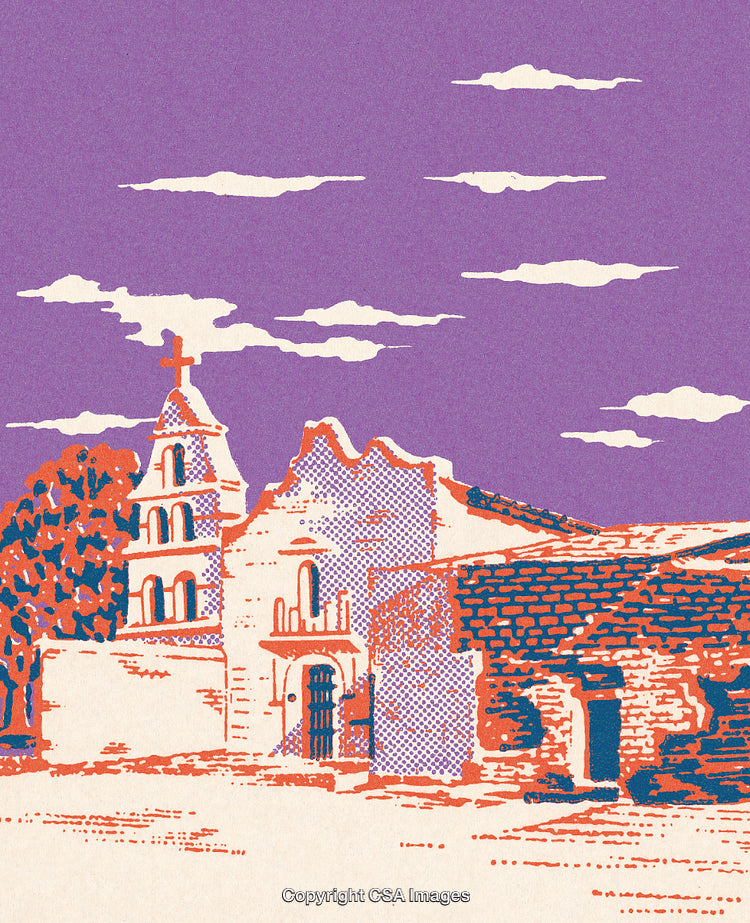 Colorful Illustration of a Historic Mission with Bright Sky