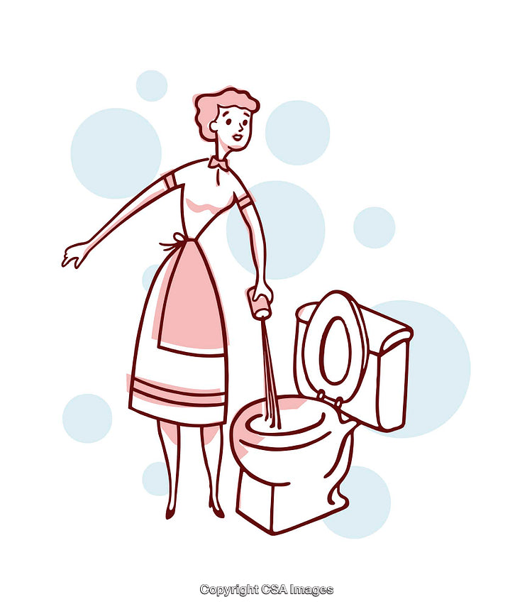 Cartoon Illustration of Woman Cleaning Toilet with Blue Bubbles
