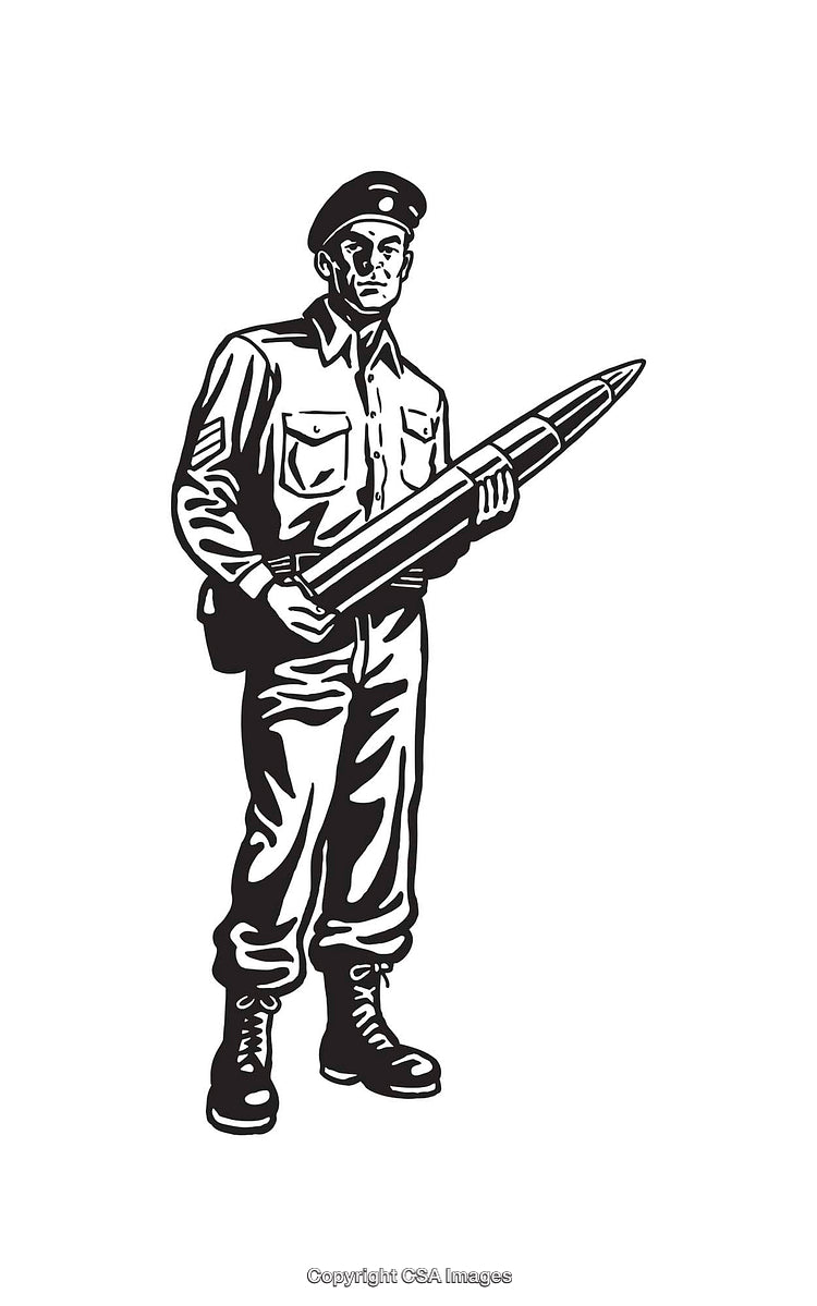 Black and White Soldier Holding a Large Bullet Line Drawing Illustration