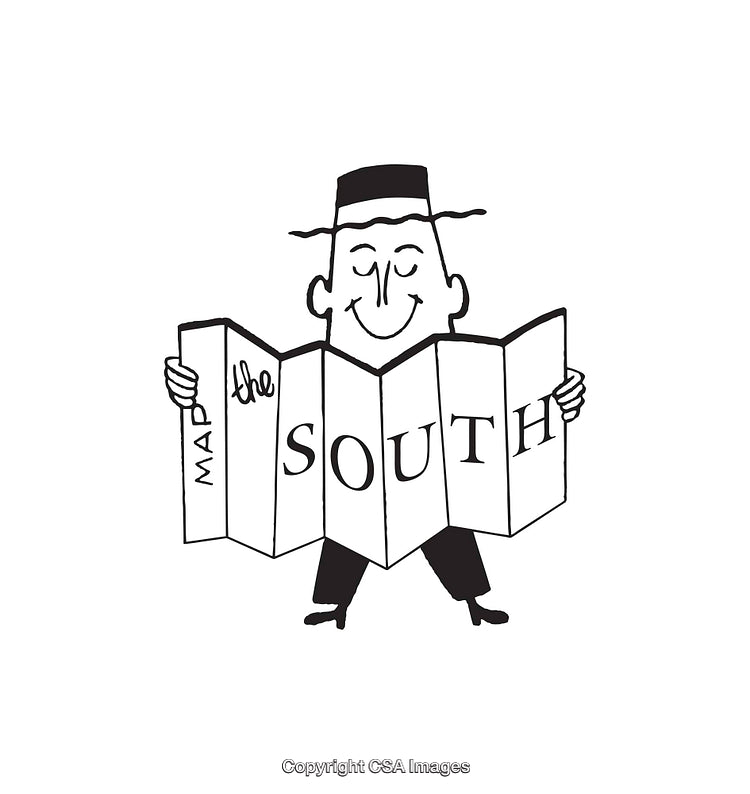 Smiling Character Holding Map of Southern Region in Black and White Illustration
